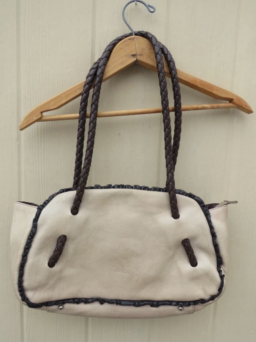 Furla Cream Leather Shoulder Bag with Braided Brown Handles